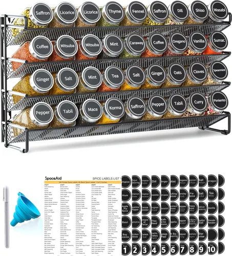 SpaceAid - Organizador de especias con 36 tarros de especias, 386 etiquetas de especias, marcador de tiza y juego de embudo, 17.2 pulgadas de ancho