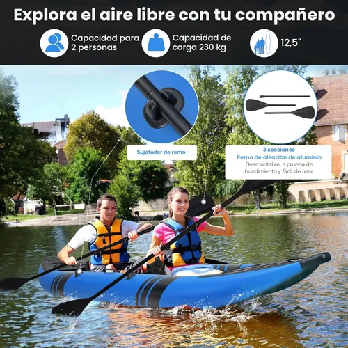 Miniatura 2 de GYMAX Kayak inflable, kayak tándem de 12.5 pies y 507 libras con 2 remos de aluminio, 2 asientos acolchados, reposapiés, 2 aletas, bomba de mano