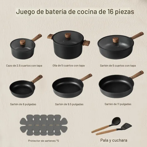 Miniatura 2 de CAROTE Ollas y sartenes antiadherentes, juego de utensilios de cocina de inducción, antiadherentes con sartén (PFOS, libre de PFOA), negro, 16 piezas
