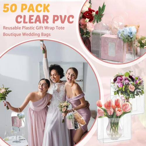 Miniatura 7 de LEIFIDE 50 bolsas de regalo de plástico transparente con asas PVC reutilizables, bolsas de lona transparentes para golosinas, cumpleaños, fiesta