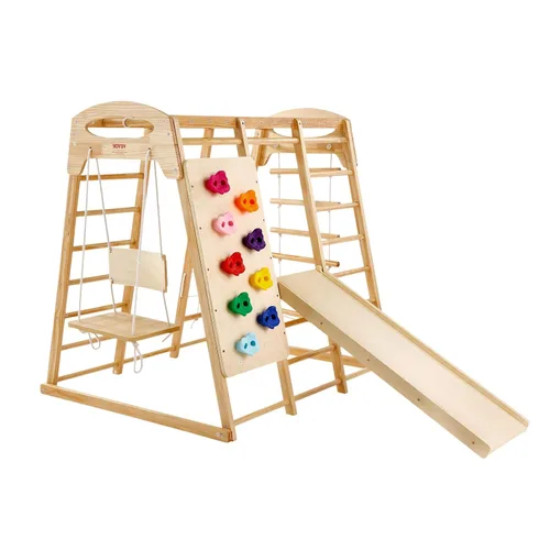 Miniatura 10 de VEVOR Gimnasio interior de la selva, parque infantil 7 en 1, 47.2 x 58 x 56 pulgadas, con escalera de madera y cuerda, escalera de red, columpio