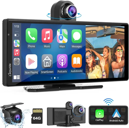 CARPURIDE W903 Carplay portátil y Android Auto con cámara de salpicadero, pantalla HD IPS de 9.3 pulgadas, cámara frontal 4K y trasera 1080P,