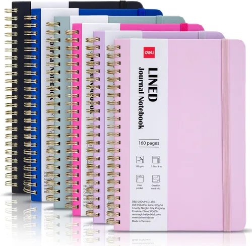 Miniatura 14 de deli Paquete de 6 cuadernos con espiral rayados, 160 páginas, A5 (5.5 x 8 pulgadas), cuaderno de escritura de tapa dura, diario encuadernado