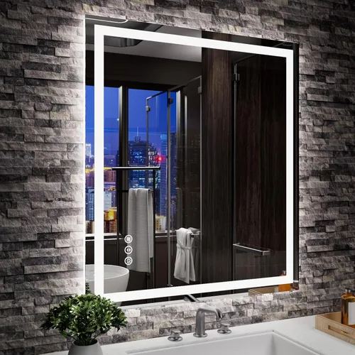 Amorho Espejo LED para baño, espejo de 28 x 32 pulgadas con luz frontal y retroiluminación, regulable continuo, a prueba de roturas, memoria, 3