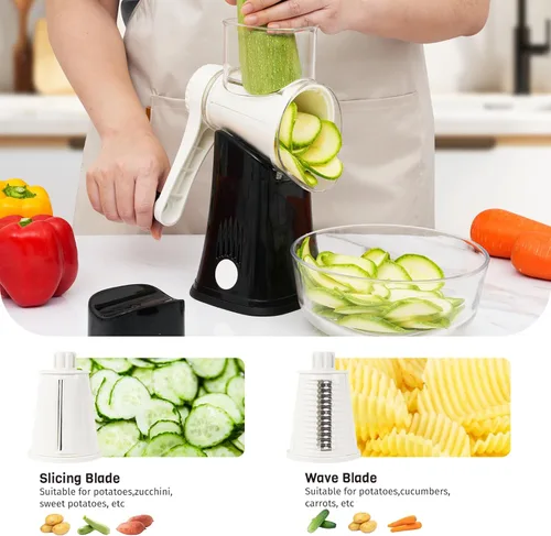 Miniatura 3 de Rallador de Queso Giratorio 5 en 1 con Manivela Manual, Rebanadora Trituradora de Verduras con 5 Cuchillas Intercambiables, Ralladores para Cocina