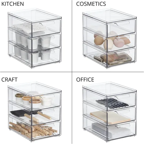 Miniatura 7 de mDesign Organizador apilable de plástico con 3 cajones, contenedor de almacenamiento con cajones extraíbles para fregadero de baño/organización