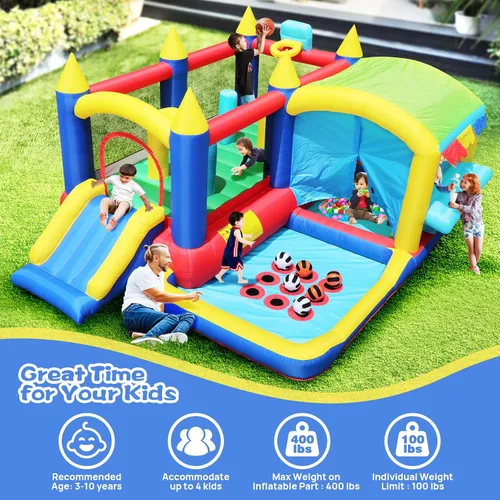 Miniatura 4 de Casa inflable de rebote para niños, castillo animoso con tobogán, salto, aro de baloncesto, pozo de pelotas, gorila familiar para patio trasero