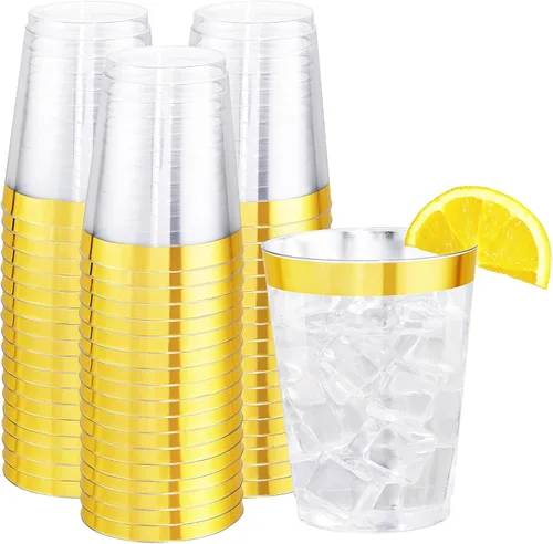 Miniatura 10 de I00000 200 piezas de vasos de plástico desechables plateados de 9 onzas, vasos de plástico transparentes de 9 onzas, vasos estilo antiguo de borde