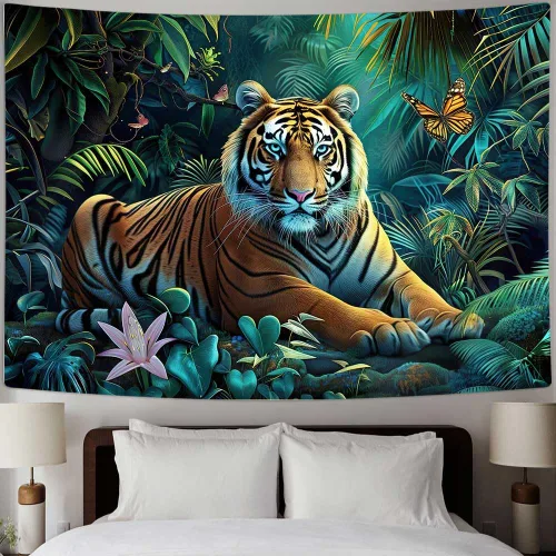 Miniatura 5 de MERCHR Tapiz de bosque natural, tapiz para colgar en la pared, diseño de animales de tigre, paisaje, paisaje, para dormitorio, sala de estar