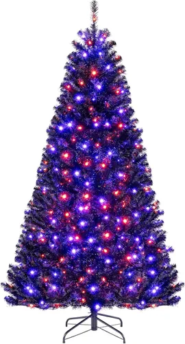 Miniatura 10 de Goplus - Árbol de Navidad artificial negro de 7 pies con luces preinstaladas, árbol de Halloween artificial, árbol de Navidad completo con bisagras