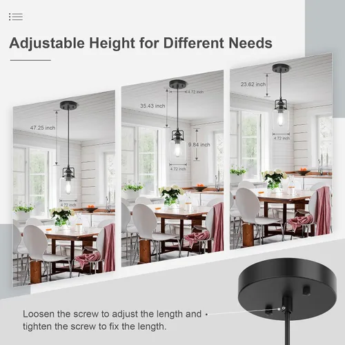 Miniatura 4 de Paquete de 3 Luces Colgantes para Isla de Cocina, Lámpara Colgante Negra Moderna, Luces de Isla de 47 Pulgadas, Cuerda Ajustable, Vidrio