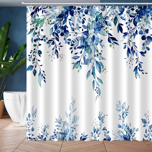 Miniatura 14 de JWXCBIM Cortina de ducha azul con hojas de eucalipto, cortina de baño decorativa con arte estético de acuarela de plantas y flores, juego de cortina