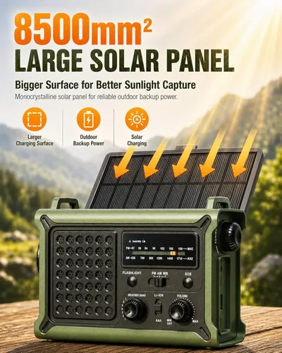 Miniatura 4 de Radio de emergencia meteorológica con energía solar y manivela – AM/FM/NOAA, linterna LED, luz de lectura, carga USB y SOS – Equipo de supervivencia