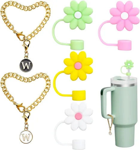 4 fundas de popote para copa Stanley, tapa protectora de popote de silicona de 0.394 pulgadas con 2 dijes iniciales de identificación y letra,