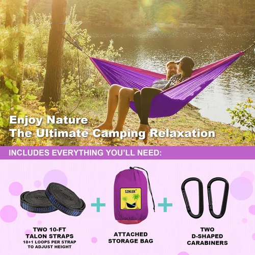 Miniatura 3 de SZHLUX Hamaca de camping doble e individual Hamacas portátiles con 2 correas de árbol y bolsa de transporte adjunta, ideal para exteriores, Violeta