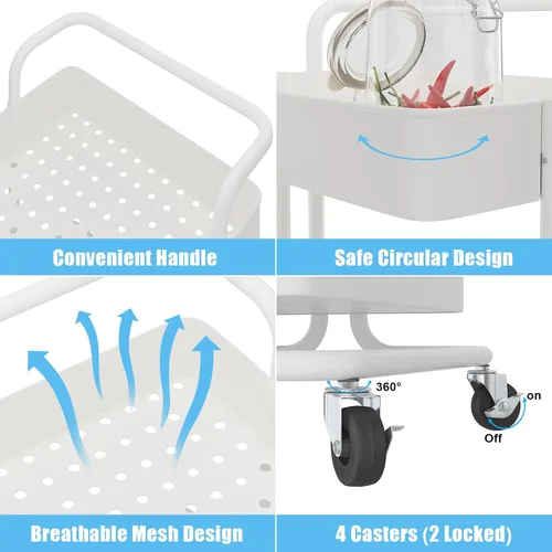 Miniatura 6 de Devo Carrito con ruedas de 4 niveles, carrito de almacenamiento resistente, con asa, 4 ganchos laterales, 2 tazas de almacenamiento y ruedas