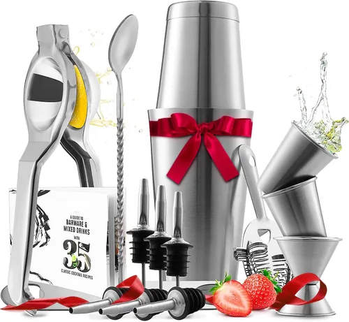 Miniatura 13 de Juego de coctelera de bar, kit de camarero, juego de cóctel negro de 8 piezas, kit de barman mixología, kit de coctelera de acero para bebidas