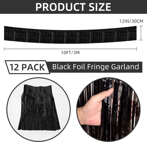 Miniatura 3 de Paquete de 12 guirnaldas de flecos de papel metálico de 10 pies de oropel para colgar en la pared, pancartas negras con flecos de oropel