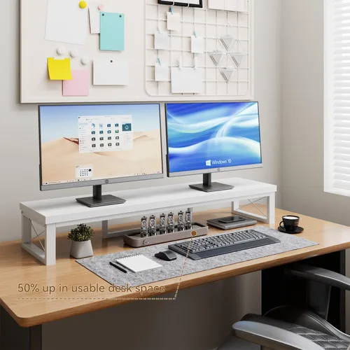 Miniatura 8 de IBUYKE Soporte elevador grande para monitor doble para 2 monitores, soporte de madera para monitor de computadora de escritorio, estante de Blanco