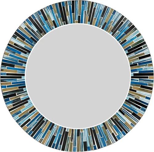 Miniatura 6 de Espejo de mosaico, arte de pared hecho a mano, mosaico beige y azul, marco de 24 pies, redondo de 15 pies para pasillo, dormitorio, baño, sala