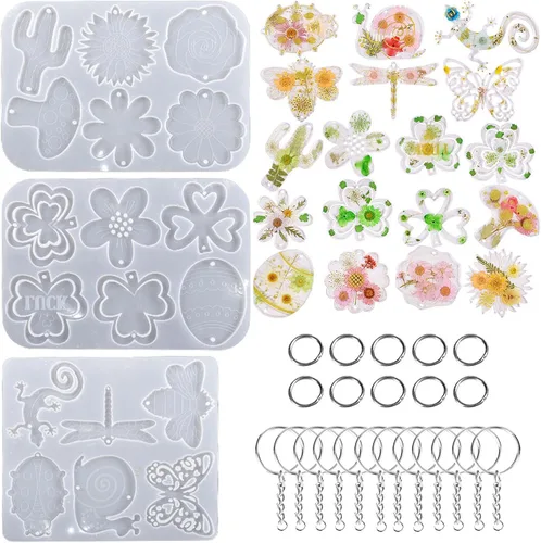 3 moldes de resina para colgantes, moldes de joyería de resina de silicona, kit de fabricación de aretes, moldes de silicona con llaveros, anillos