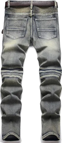 Miniatura 2 de XIMXIMMTIAN Jeans rectos de motociclista para hombre, desgastados, desgastados, ajustados, rectos