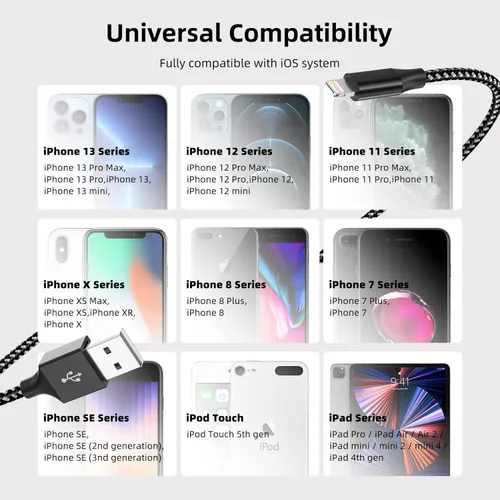Miniatura 7 de Cable de carga para iPhone de carga rápida, paquete de 3 unidades de 10 pies, cable Lightning certificado MFi de Apple, cable de carga para iPhone