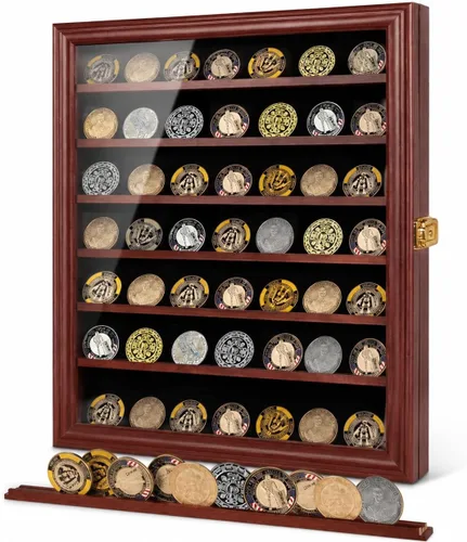 Miniatura 10 de Jinchuan Expositor de Monedas Militares con Cerradura, Gabinete de Exhibición, Caja de Sombra con Estantes Desmontables de 2 Ranuras y Vidrio
