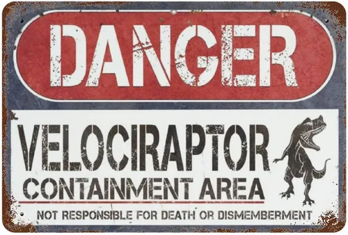 Cartel de hojalata vintage Peligro Velociraptor Contención Dinosaurio Hogar Bar Póster Decoración de Pared Retro Cartel Metal Letrero 8x12 pulgadas