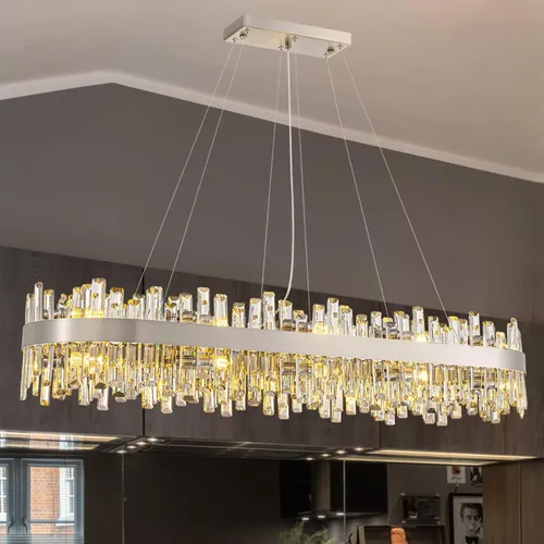 Miniatura 10 de Siljoy Candelabro moderno de cristal de 12 luces de oro cepillado de 2 niveles con forma de gota de lluvia de cristal, ajustable, montaje al ras