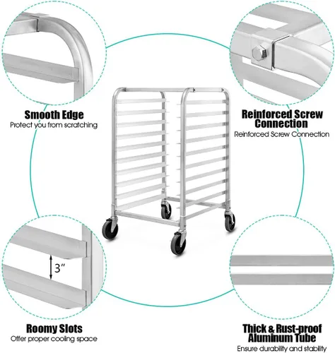 Miniatura 5 de ReunionG Estante para panecillos de 10 niveles, estante para panadería con 2 ruedas bloqueables, carrito de refrigeración de almacenamiento