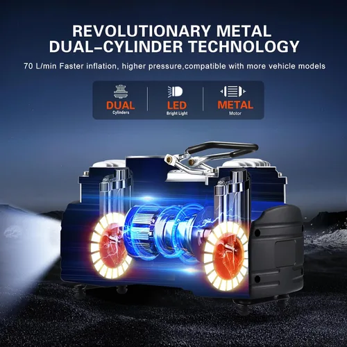 Miniatura 6 de Inflador de neumáticos portátil GSPSCN Bomba de compresor de aire de metal resistente 12V 6X Faster Inflation Double Cylinder 150Psi with