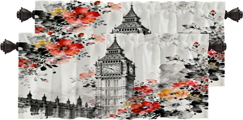 Miniatura 49 de Cortinas opacas de cocina con pintura al óleo de Europa rosa y negra para ventanas, cenefas opacas modernas de torre Eiffel de poliéster multicapa