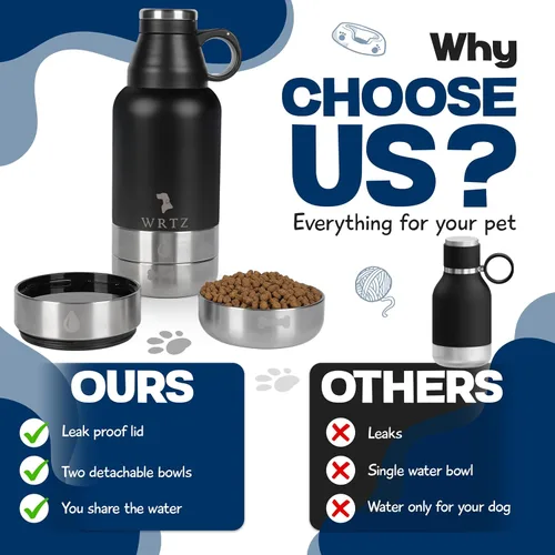 Miniatura 2 de Botella de agua portátil para perros con 2 cuencos de agua extraíbles para perros, botella de agua de acero inoxidable aislada a prueba de fugas