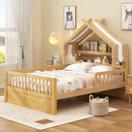 Miniatura 27 de VilroCaz Moderna cabecera de almacenamiento de cama de tamaño individual y barandilla de seguridad para niños, base de cama de plataforma de madera