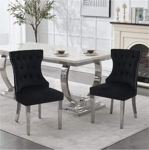 Miniatura 18 de adochr Juego de 2 sillas de comedor de terciopelo, sillas de cocina tapizadas con patas de metal, respaldo abotonado moderno con anillo de tracción