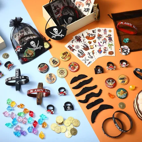 Miniatura 4 de 144 piezas de suministros de fiesta pirata incluyen pulsera pirata náutica tatuaje botón pin ojo parche oro moneda gema anillo bigote organza bolsa
