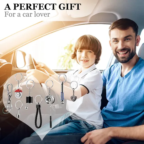 Miniatura 7 de Frienda Juego de 8 llaveros de mini herramientas para amantes de los automóviles, almohadilla de freno, rueda de coche, llavero turbo para hombres