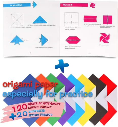 Miniatura 2 de Kit de origami Yibeishu para niños, 120 hojas de papel de origami con libro de instrucciones, juego de papel de color de 15 x 15 cm de lado sencillo