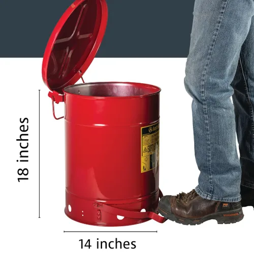 Miniatura 2 de Justrite Recipiente para desechos aceitosos de acero galvanizado de 10 galones, recipiente de seguridad metálico para trapos con aceite de 18 x 14