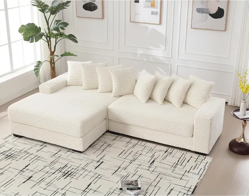 Sofás seccionales de pana de 111 pulgadas para sala de estar | Sofá seccional en forma de L con 8 almohadas | Sofá nube con asiento profundo | Sofá