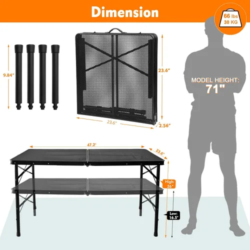 Miniatura 3 de Mesa plegable de 4 pies con escritorio de malla metálica, mesa de campamento con asa de transporte, altura ajustable (16.5 y 26 pulgadas), mesa al