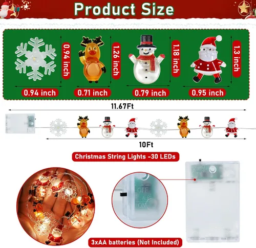 Miniatura 2 de [Temporizador] Luces de Navidad a pilas de 10 pies de Papá Noel, alce, copo de nieve, luces para decoración de árboles en interiores y exteriores