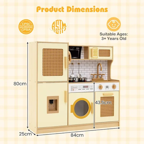 Miniatura 7 de Costzon Juego de cocina para niños, juguete Montessori de madera para niños pequeños de juego de simulación con puerta de ratán, luz y sonido, Ratán