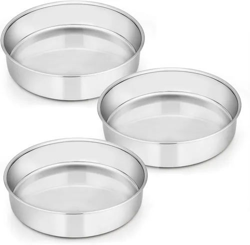 E-far Juego de 3 moldes para pasteles de 8 pulgadas, de acero inoxidable, de capa redonda, no tóxico y saludable, acabado espejo y apto para