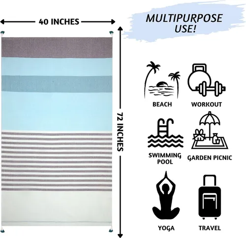 Miniatura 4 de Folkulture Toalla de playa turca de 40 x 72 pulgadas con bolsa de mano, 100% algodón, lavable a máquina, secado rápido, toallas de playa sin arena