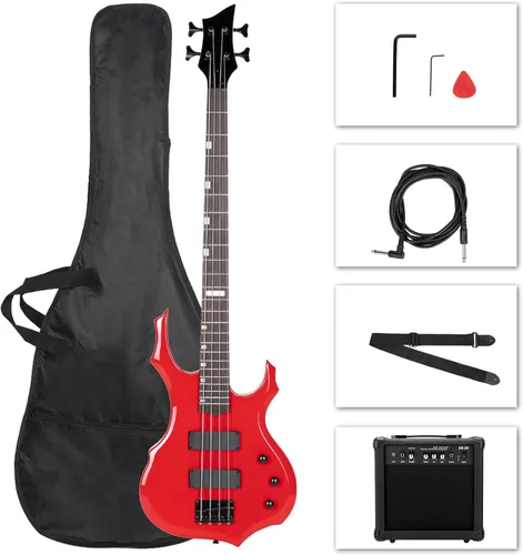 Miniatura 8 de Ktaxon Juego de bajo eléctrico de tamaño completo con diseño de llama con amplificador de 20 W, bolsa de bajo portátil, cable de amplificador Negro