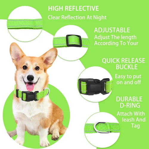 Miniatura 2 de Collar reflectante para perro con hebilla de bloqueo de seguridad, collares de nailon suaves y transpirables ajustables para perros pequeños, Verde