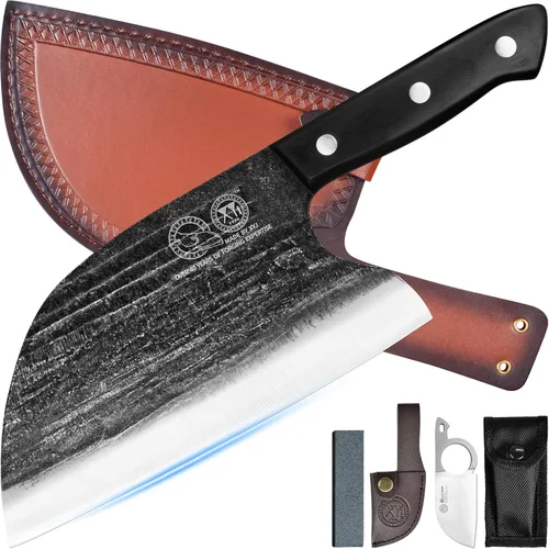 Cuchillo de chef serbio de tanga completa, cuchillo de carnicero, cuchillos de cocina, juego con funda de cuero, para llevar, de carnicero (20.32 cm)
