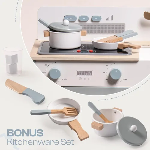 Miniatura 6 de ROBOTIME Juego de cocina para niños pequeños, juego de cocina de madera para niños con luces y sonidos reales, dispensador de cubitos de hielo, Azul